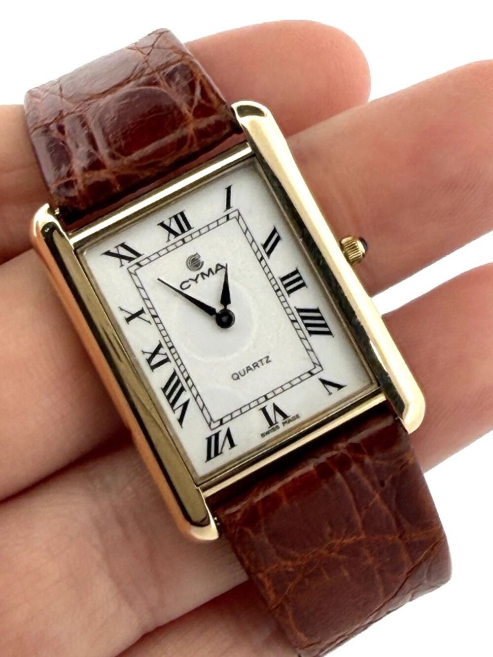 Cyma Swiss Quartz Tank Style Watch 14K Yellow Gold Case Vintage 1990's
